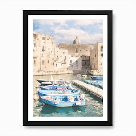 Puglia, Italy I Authentic, historic fishing village of Monopoli with its blue boats in the harbour with Mediterranean southern architecture photography and retro vintage pastel summer aesthetic with film camera Art Print