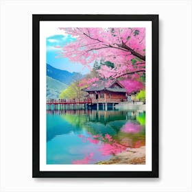 Cherry Blossoms By The Lake Art Print