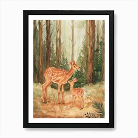 Deer Mom and Her Baby in a Forest. Watercolor Vintage Illustration, Kids Room Art Print