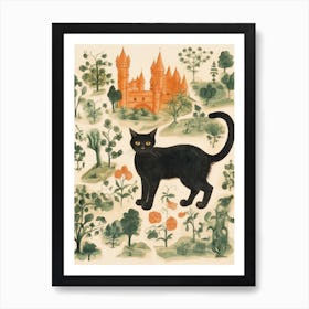 Medieval Style Map Of Black Cat In Garden 2 Art Print