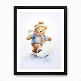 Ice Skating Teddy Bear Painting Watercolour 4 Art Print