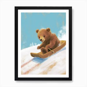 Brown Bear Cub Sledding Down A Snowy Hill Storybook Illustration 1 Art Print