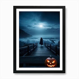 Halloween Themed Coastal Landscape During Dusk Featuring A Jack O Lantern With A Glowing Eye Perched (5) Art Print