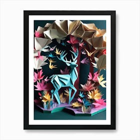 Origami Deer Birds Tree Nature Colorful Art Print