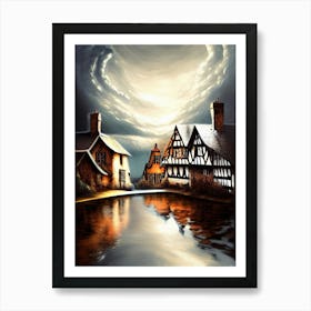 Village Reflections Snow Sky Dramatic Town House Cottages Pond Lake City Art Print