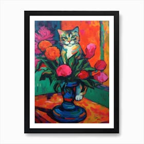 Gladoli With A Cat 3 Fauvist Style Painting Art Print