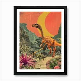 Dinosaur Walking A Dinosaur Retro Collage Art Print