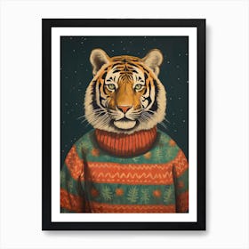 Tiger Illustrations Wearing A Christmas Sweater 1 Art Print