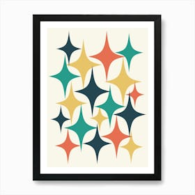 Mid Century Modern Atomic Starburst Teal, Yellow, Orange Art Print