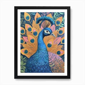 Colourful Folk Inspired Peacock Portrait 1 Art Print