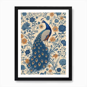 Floral Blue & Brown Peacock Art Print