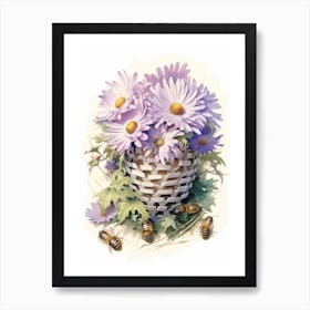 Beehive With Aster Watercolour Illustration 2 Art Print