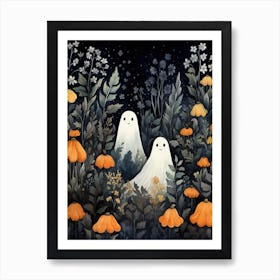Cute Bedsheet Ghost, Botanical Halloween Watercolour 123 Art Print