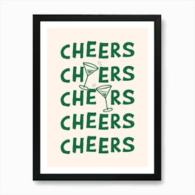 Cheers Cocktail Drinks in Green and Linen White Art Print