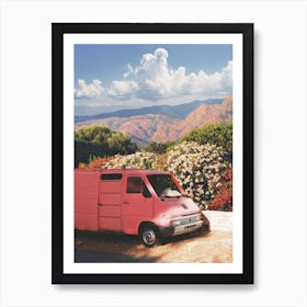 Pink Van With Flowers And Mountains Art Print