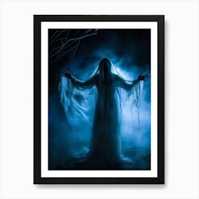 Ghostly Figure Mid Scream Behind A Semi Transparent Veil Ethereal Hands Reaching Out From The Mis Art Print