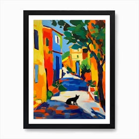 Painting Of A Street In Athens Greece With A Cat In The Style Of Matisse 1 Art Print