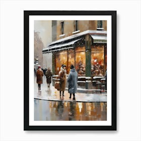 Paris cafes, winter season, Christmas, autumn oil colors, pale colors, pedestrians in the street, winter clothes, falling snow.6 1 Art Print