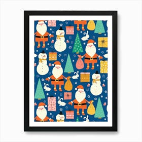 Happy Christmas Forest with Santa, Snowmen, and Rabbits on Dark Blue Art Print