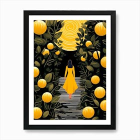 Girl In Yellow Dress Walking Through Orange Trees Art Print