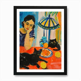 Portrait Of A Girl With Cats Eating A Fruit Salad 2 Art Print