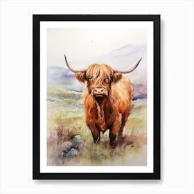 Chestnut Highland Cow In A Cloudy Field Art Print