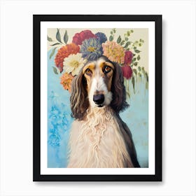 Afghan Hound Dog Portrait Retro Flowers Painting (8) Art Print