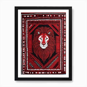 African Quilting Inspired Art of Lion Folk Art, Poetic Red, Black and white Art, 1213 Art Print