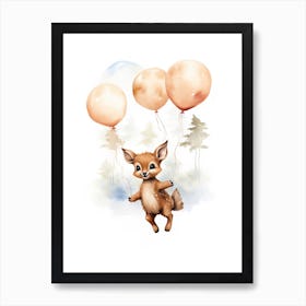 Baby Deer Flying With Ballons, Watercolour Nursery Art 3 Art Print