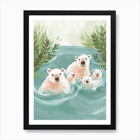 Polar Bear Family Swimming In A River Storybook Illustration 2 Art Print