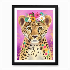 Leopard with flowers on a pink background Art Print