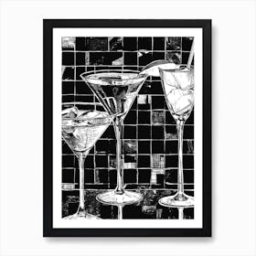 Geometric Sketch Of Cocktails In Martini Glasses Art Print