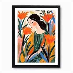 Woman With Autumnal Flowers Bird Of Paradise 1 Art Print