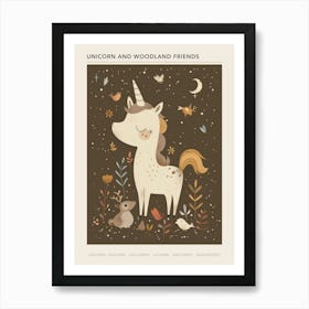 Unicorn In The Meadow With Abstract Woodland Animals 1 Poster Art Print