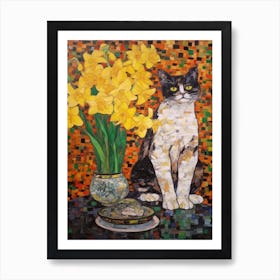 Daffodils With A Cat 4 Art Nouveau Klimt Style Art Print