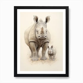 Rhino & Baby Rhino Detailed Illustration 3 Art Print