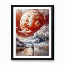 Lost in a surreal fantasy, the astronaut gazes at a colossal red mars planet, its majesty reflected in alien skies adorned with moons and whimsical clouds. Art Print