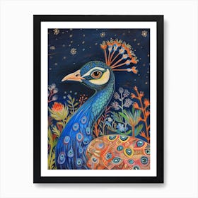 Folky Floral Peacock At Night 3 Art Print