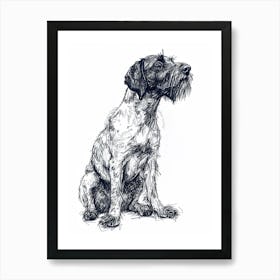 German Wirehaired Pointer Dog Black & White Line Sketch 2 Art Print