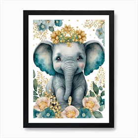 Cute Floral Elephant Watercolor 7 Art Print