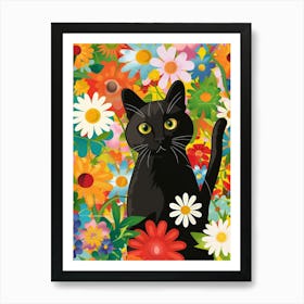 Black Cat In Flowers 8 Art Print