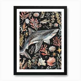 Squatina Genus Shark Seascape Black Background Illustration 2 Art Print