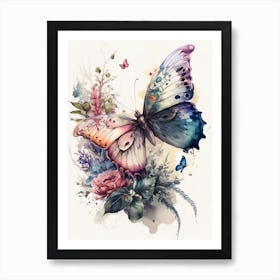 Butterfly And Flowers Watercolor Art Print