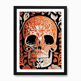 Skull With Floral Patterns 1 Orange Linocut Art Print