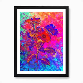 Red Aster Flowers Botanical in Acid Neon Pink Green and Blue n.0129 Art Print