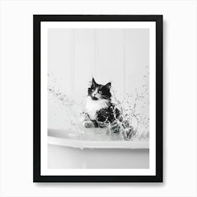 Cat In Bathtub, Black and White, Funny, Cat Splashing in Tub Art Print