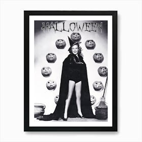 Happy Pin Up Witch With Pumpkins Art Print