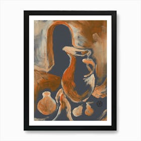 Arch And Jug - hand painted vertical still life food kitchen art jug pears gray beige Art Print