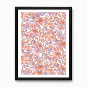 70s Psychedelic Groovy Flowers and Rainbows Brown Art Print