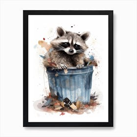 A Raccoon In A Trash Can Watercolour Illustration 3 Art Print